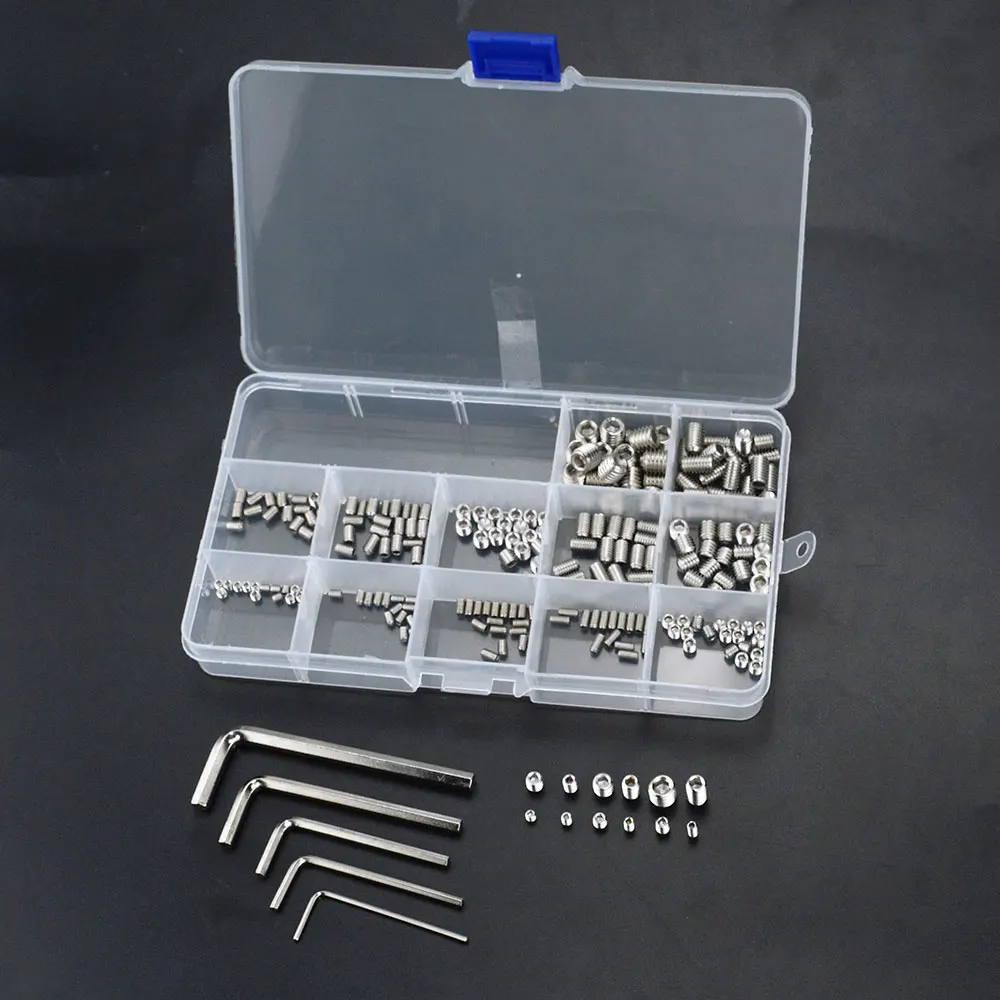 

245PCS/BOX Hex Hexagon Socket Set Screw Flat Point Stainless Steel Grub Screw Assortment Kit M3 M4 M5 M6 M8 Headless Set Bolt