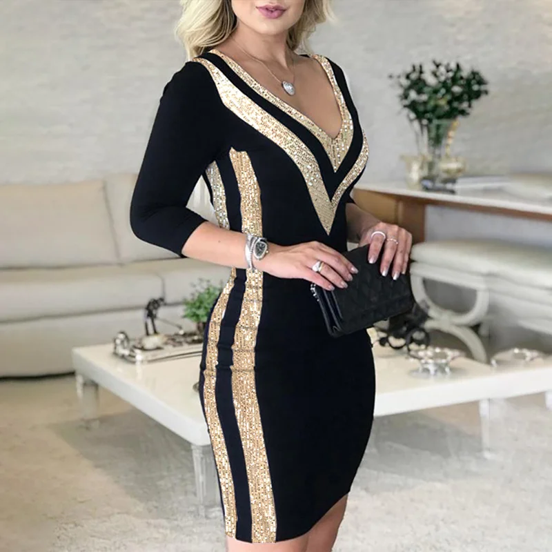 

Women's Sequins V-Neck Patchwork Dress Leopard Plaid Striped Print Contrast Color Three Quarter Sleeve Sexy Lady Party Dresses