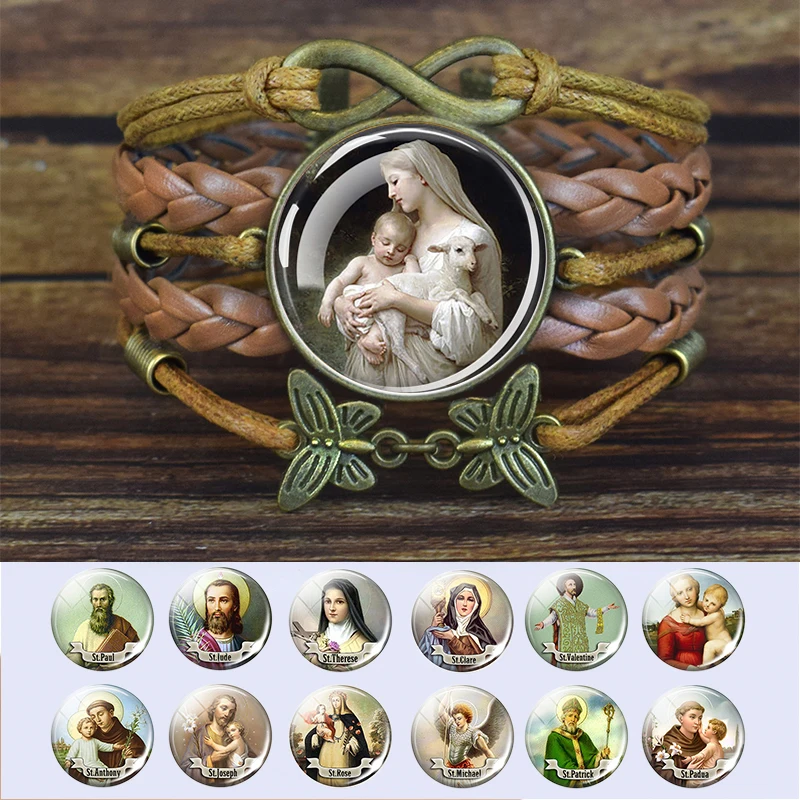 12 Saint Bracelets Virgin Mary and Baby Jesus Christian Catholicism Glass Cabochon Multilayer Rope Bracelet for Women