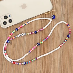 Handmade Cell Phone Chains Evil Eye Pendants For Mobile Strap Clay Beads Necklace Telephone Jewelry Long Neck Chain Lanyard цепо