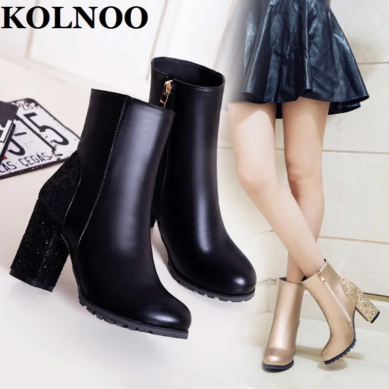 

KOLNOO New Handmade Ladies 8.5cm Chunky Heels Ankle Boots Patchwork Glitter Four Colors Party Dress Bootie Fashion Winter Shoes