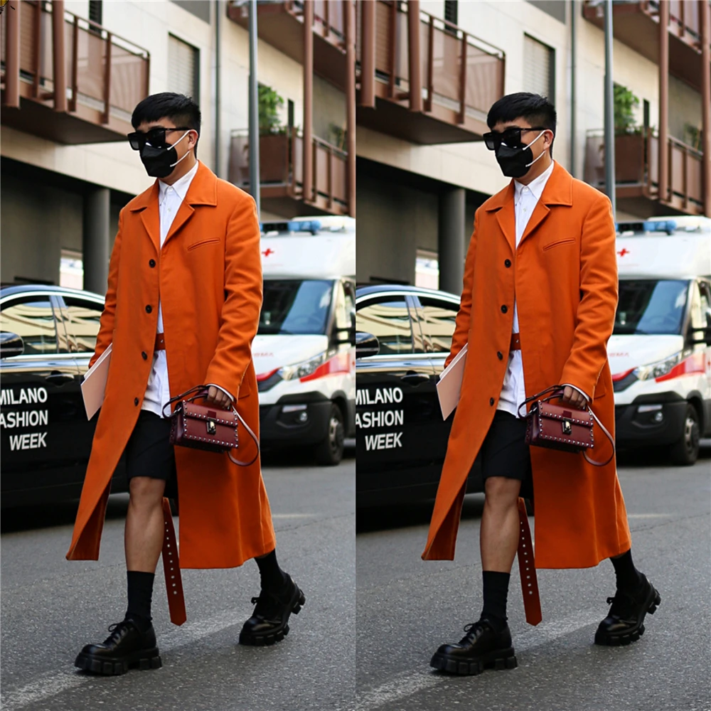 Bright Orange Street Style Woolen Coat Singal-Breasted V-Sleeve Long Overcoat Casual Fashion Handsome Jacket