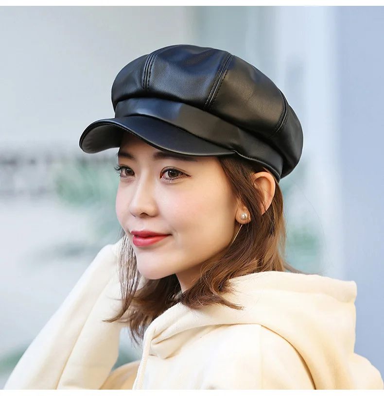 Fashion Solid color Octagonal Cap Hats Female Autumn Winter Leather Panama Stylish Artist Painter Newsboy Caps Beret Woman hat