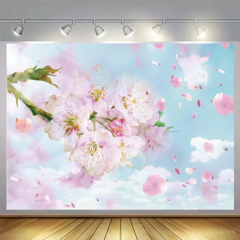 

Sunshine Branch Of Flowers Petals On Blue Sky Natural Scenic Photography Backdrop White Clouds Newborn Baby Shower Backgrounds