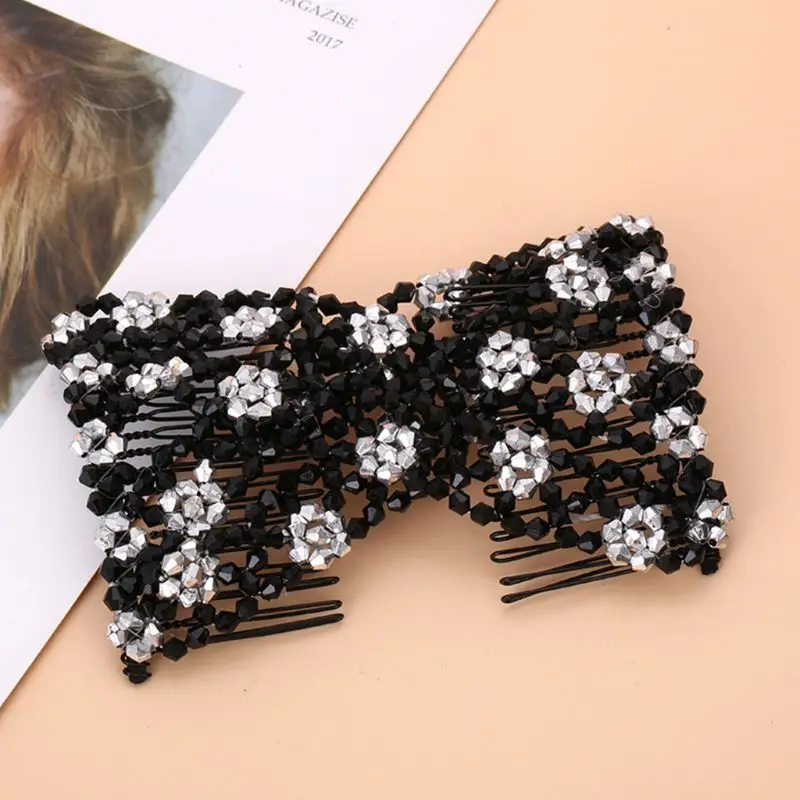 Women Handmade Imitation Pearl Beaded Jewelry Magic Hair Side Combs 20 Tooth Stretchable Double Clips Styling Hairpins