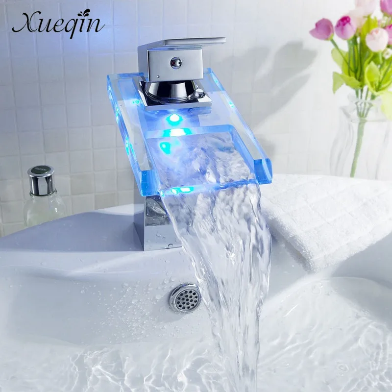 LED Color Changes Glass Waterfall Basin Faucet Bathroom Bath Tub Sink Mixer Tap Single Handle Kitchen Water Faucet Chrome Finish