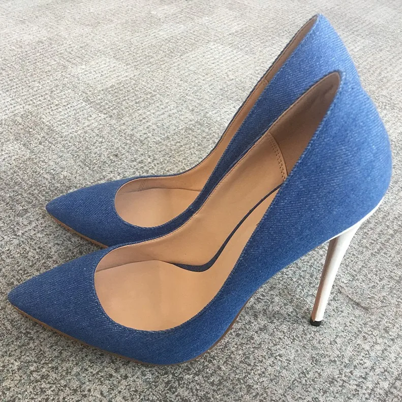 Women Classic Pumps Extreme Thin High Heels Sexy Stilettos Ladies Pointed Toe Shoes Black Blue Denim Pumps White Heeled D026B