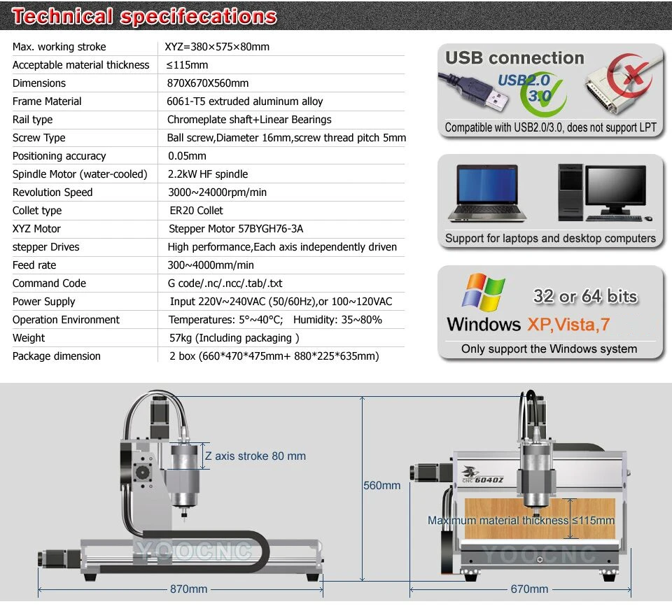 EU/DE free ship 4 Axis USB port 6040 CNC 2200W 2.2KW USB Mach3 CNC Router Engraver Engraving Cutting Milling Machine 220VAC