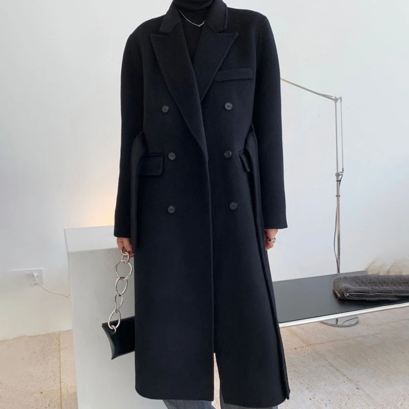 ]2020 Winter Over Knee Style Turn-down Collar Long-sleeved Solid Color Straight Minimalist Woolen Overcoat With Belt  C591