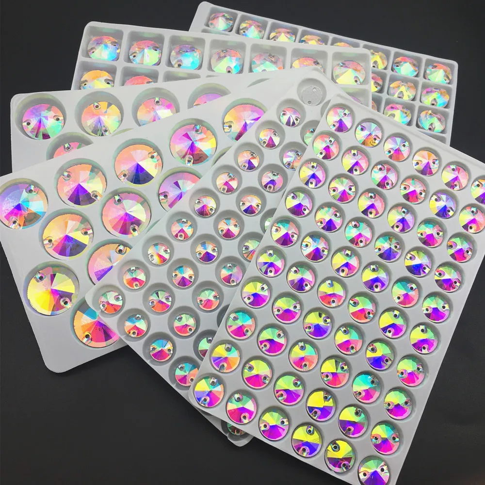 All Sizes Round Rivoli Crystal AB Glass Sew On Rhinestone Flatback 2 Holes Sewing Stone For DIY Clothes Bags Shoes Accessories