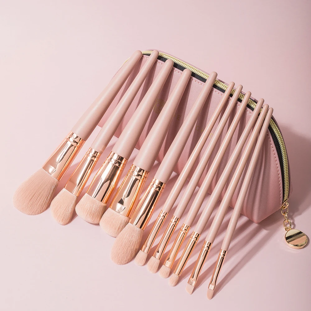 Shinedo 11 pcs synthethic hair makeup brushes set cosmetic powder eyeshadow foundation kabuki blush blending  with pink handle