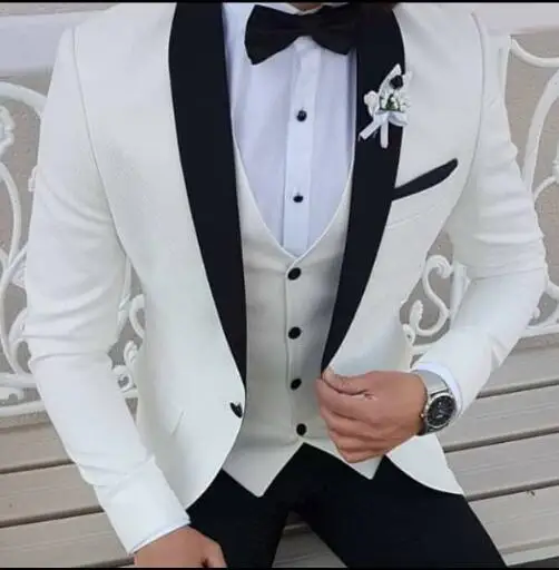 

Custom Made White Men Suits Black Shawl Lapel Formal Tuxedos Wedding Suits For Men Groom Prom Party Dress With Vest Pants 3Pcs