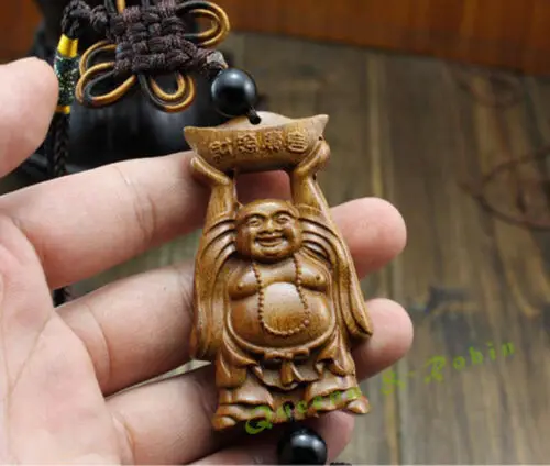 Chinese Knot Wood Carved Happy Laughing Maitrey Buddha Statue Car Pendant Amulet