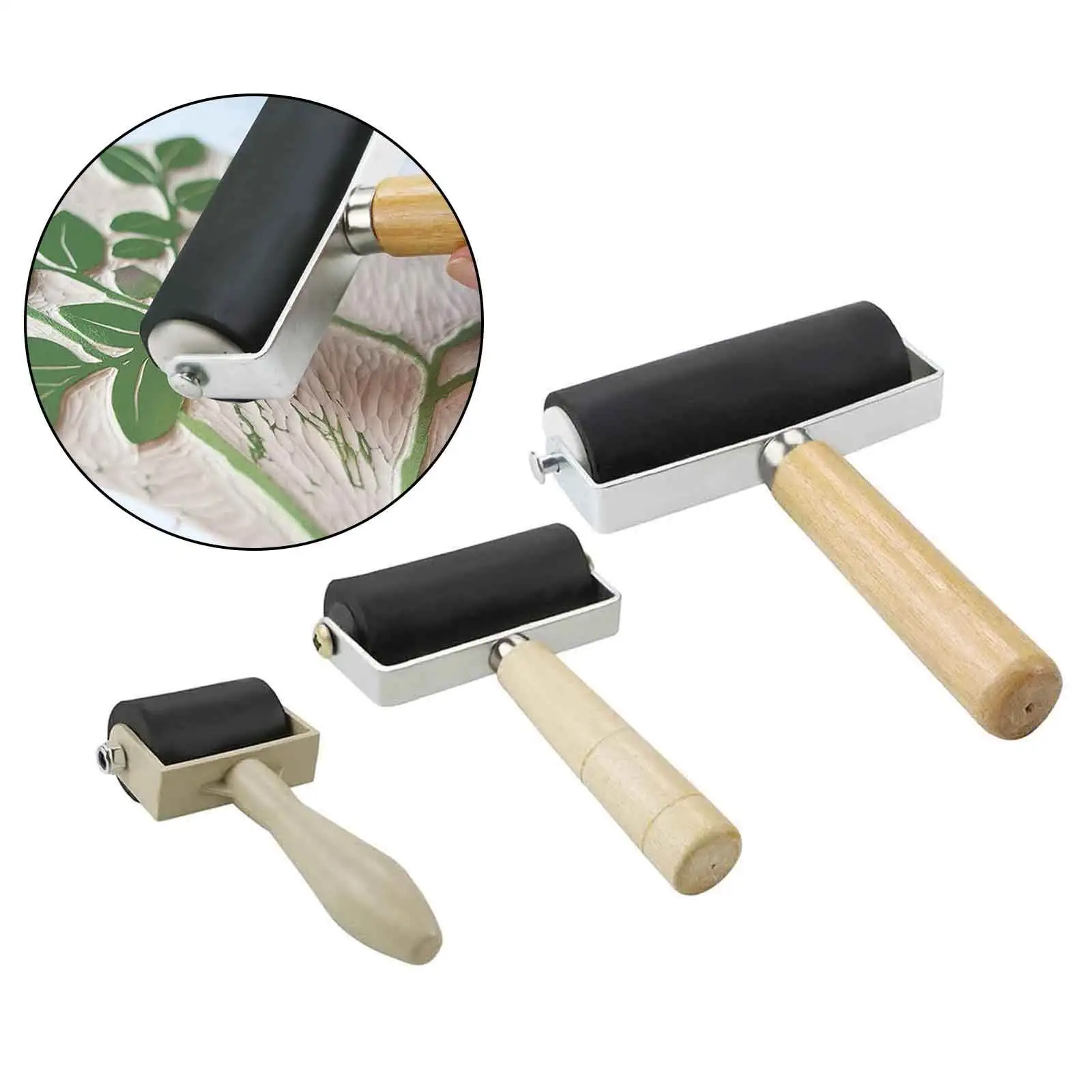 3Pcs Rubber Brayer Roller Wood Handle Ink Painting Stamping Tool Arts Crafts for Carved Surfaces Wallpapers Printing