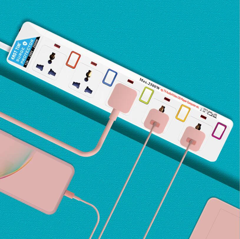 Universal Power Strip 2500W Overload Protection Multiple Extension Sockets Individual Switched Universal Plug Outlets 1.5M Cord