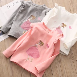 Spring Autumn 2 3 4 6 8 10 Years Baby Children'S Clothing Long Puff Sleeve Solid Color Cartoon Girl Basic T-Shirt For Kids Girls