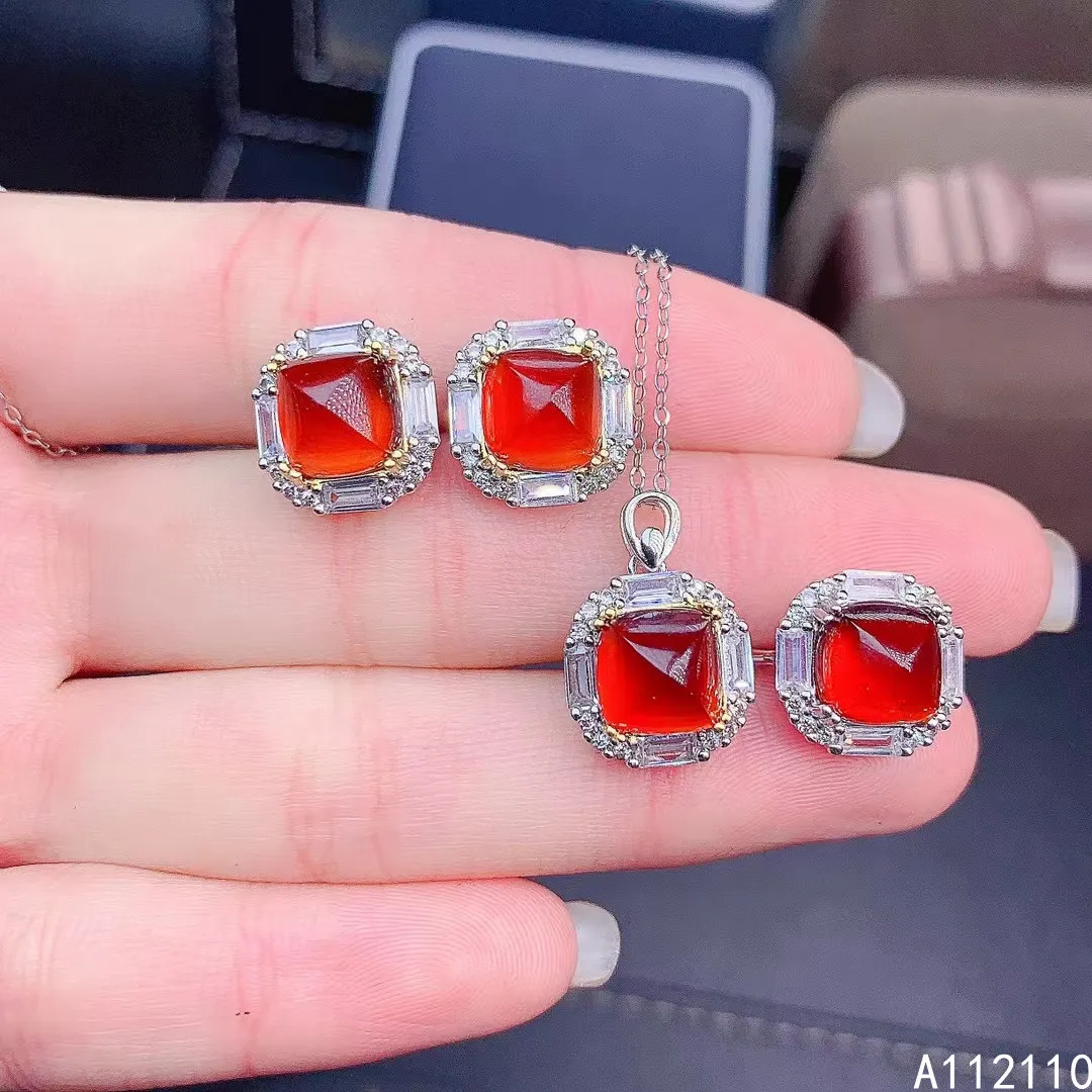 Fine Jewelry 925 Pure Silver Inset With Natural Gem Women's Luxury Trendy Sugar Tower Orange Garnet Pendant Ring Earring Set Sup