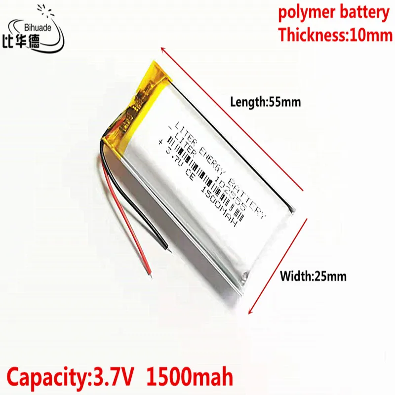 Litrowa bateria energetyczna 3.7V 1500MAH 102555 litowo-polimerowa LiPo akumulator do Mp3 słuchawki PAD DVD kamera bluetooth