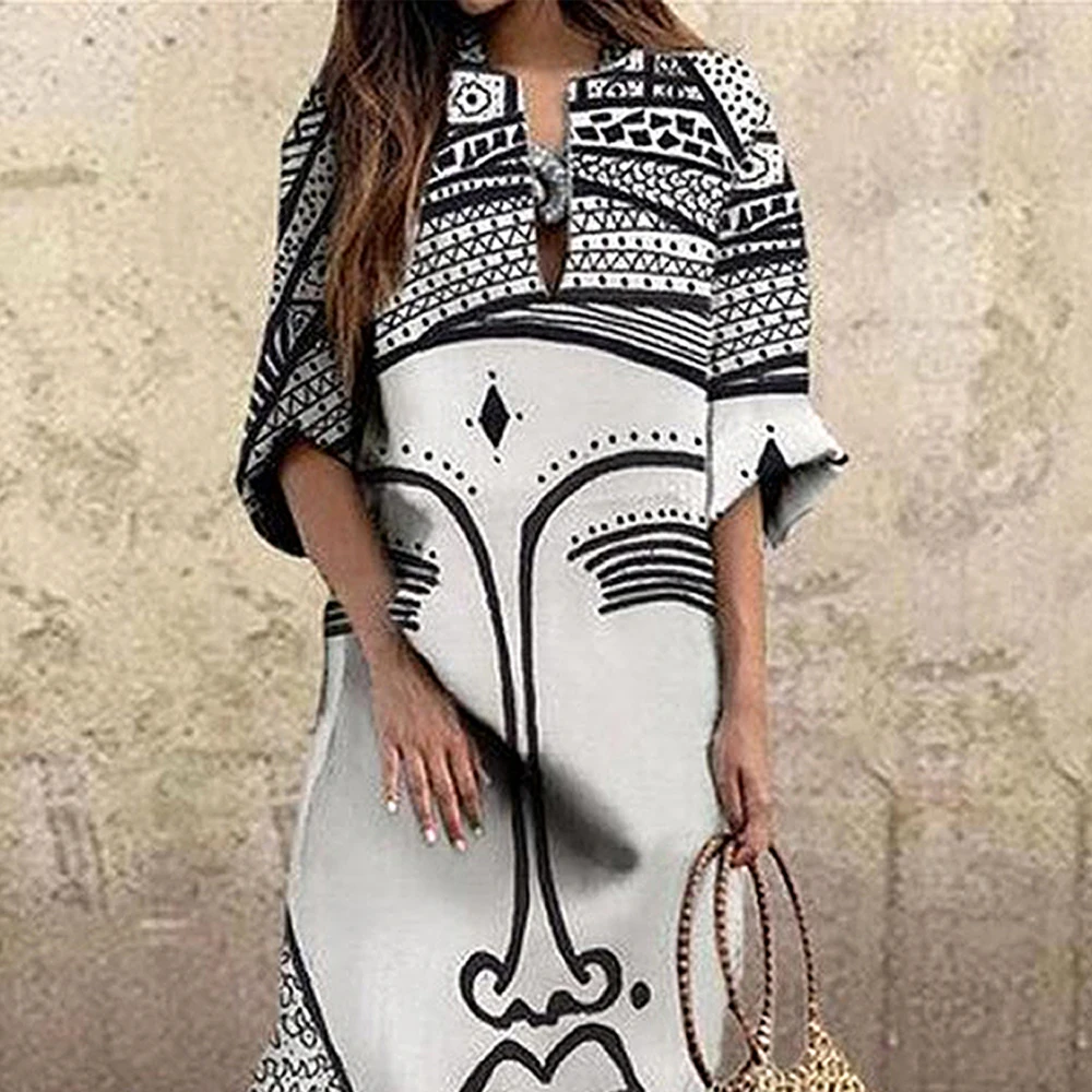 2022 Fashion Vintage Portrait Print Dress Abstract Face High Waist Women Dresses Beach Party Autumn Elegant Loose Female Dress