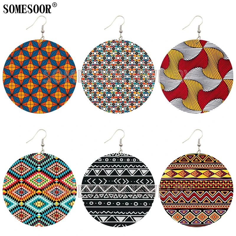 SOMESOOR African Wax Fabric Fleurs the Yards Ankara Pattern Both Sides Printing Wooden Drop Round Earrings For Women