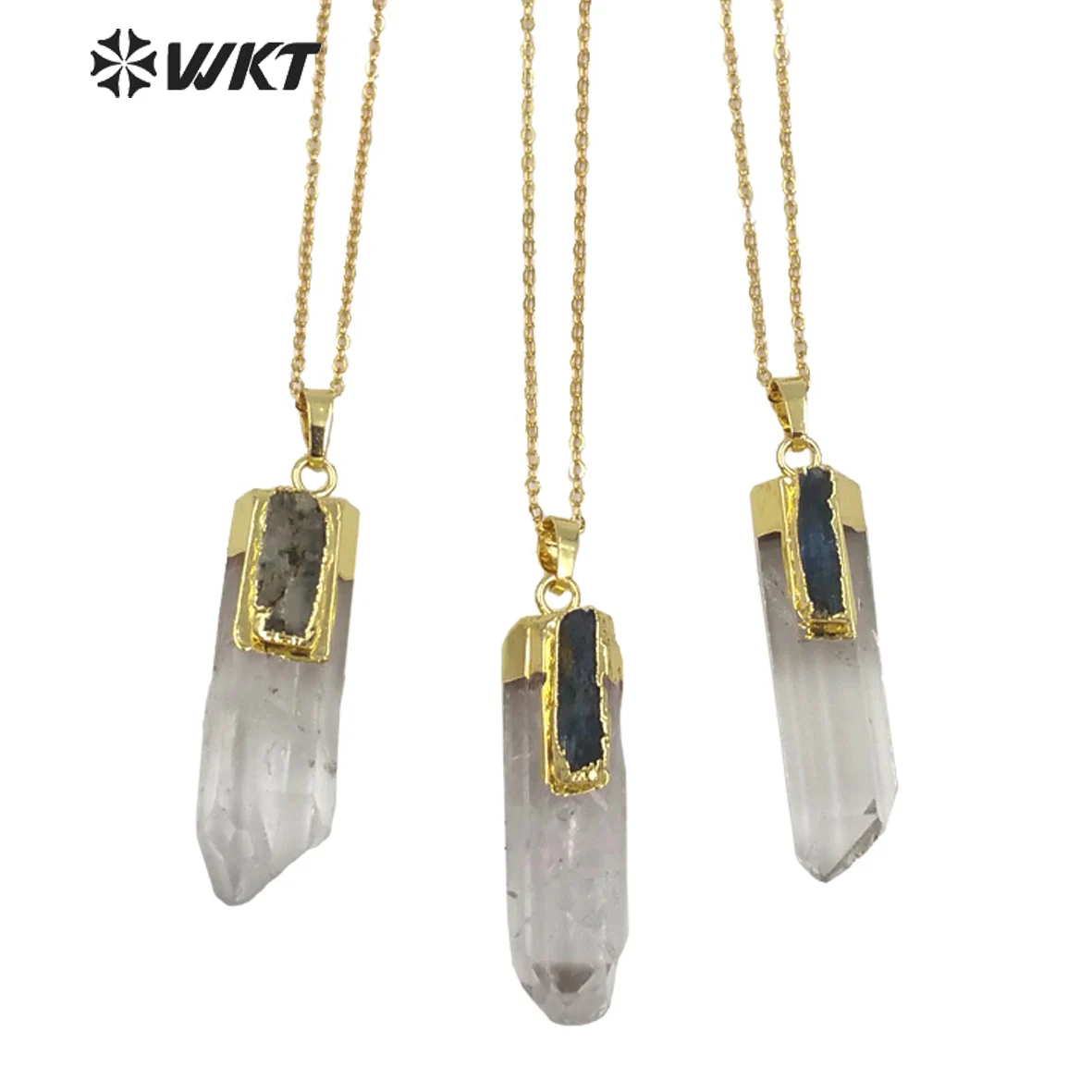 WT-N766 Wholesale Custom Crystal Point Pendant Necklace Natural Crystal Quartz Stone with blue Kyanite Charm Necklace