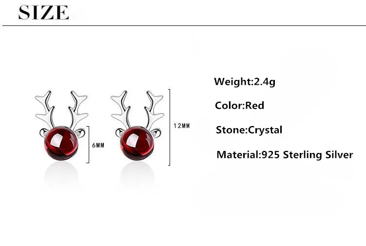 Trendy Cute Christmas Deer ELK Animal Garnet 925 Silver Needle Lady Stud Earrings Jewelry Women Promotion Gift