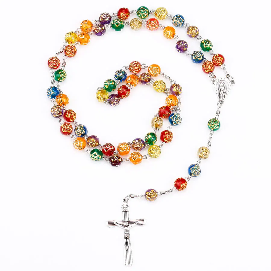 Men\'s Prayer Catholic Rosary Necklace Long Beaded Chain Cross Pendant Necklaces for Women Religious Jewelry Rosarios Church Gift