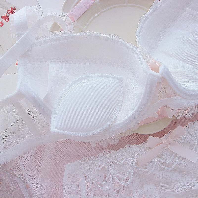 Wriufred Sweet lace princess girl lingerie underpants heart cute loli small chest gathered bra sexy steel ring underwear set
