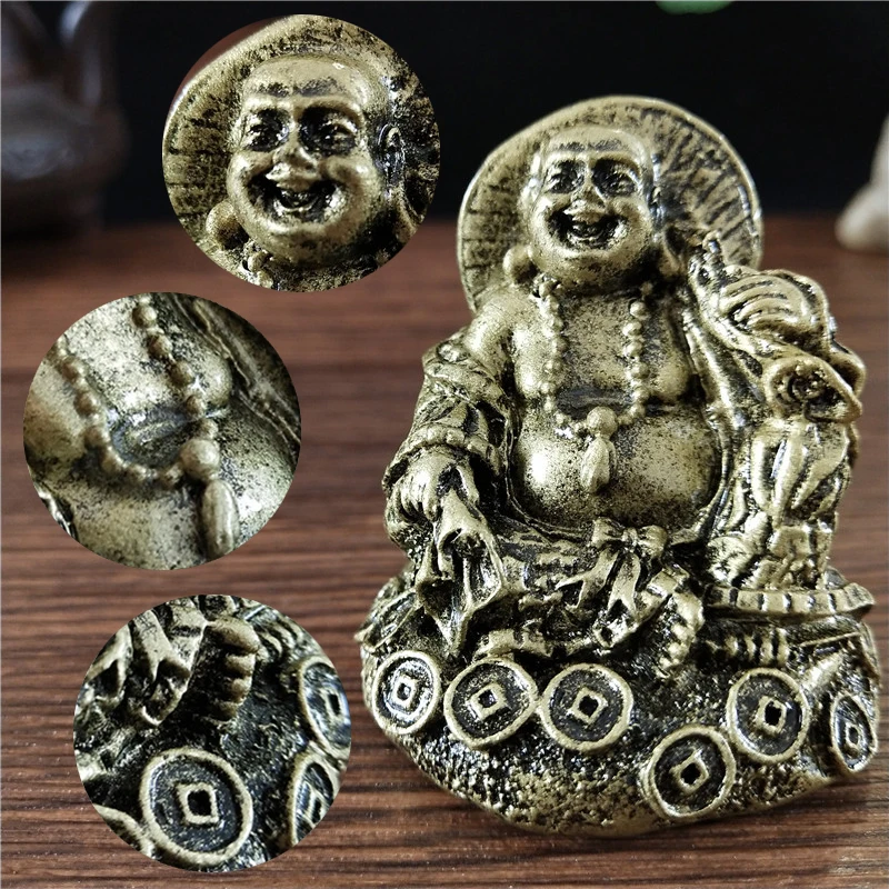 Bronze Color Laughing Buddha Statue Ornaments Feng Shui Money Maitreya Buddha Sculpture Figurines For Home Garden Car Decoration