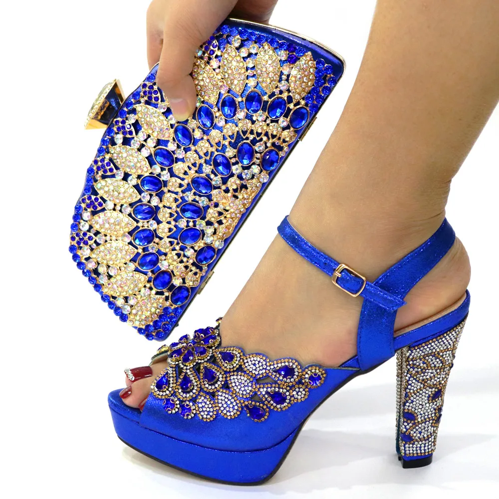 2024 Royal Blue Woman Sandals Shoes And Purse Bag Set Fashion High Heels Summer Pumps Matching With Clutch Handbag CR178 11.5cm