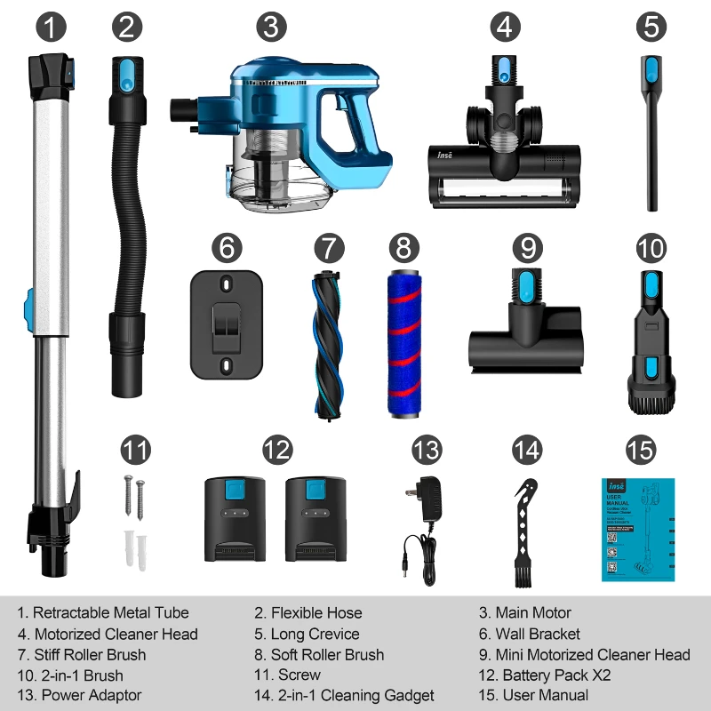 Cordless Vacuum Cleaner with 2 Batteries Rechargeable Stick Vacuum Powerful Suction Handheld Car Bed Vacuum INSE S6P