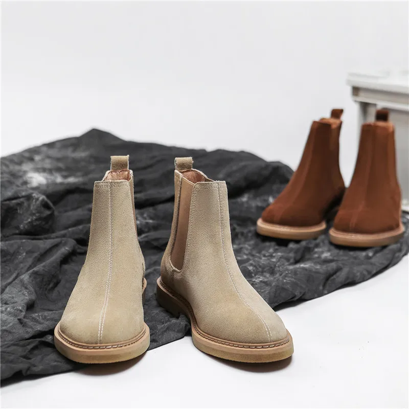 New Cow Leather British Men Ankle Boots British Autumn Winter Plush Warm Casual Shoes Tooling Outdoor Chelsea Boots Male Luxury