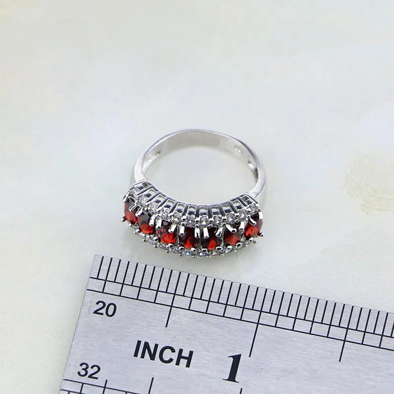 925 Sterling Silver Jewelry Red Garnet White Cubic Zirconia Jewelry Sets For Women Stud Wedding Earring/Pendant/Necklace/Ring