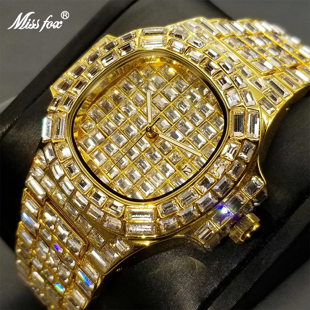 MISSFOX Gold Full Diamond Mens Watches Iced Out Bling Quartz Wristwatch Stainless Steel High Quality AAA Clock Dropshipping 2023