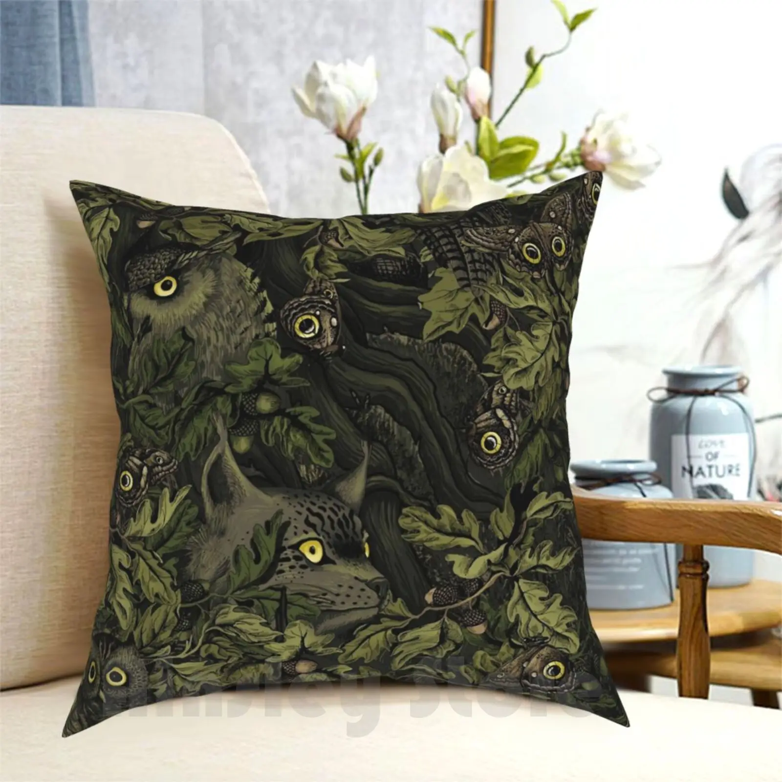 Fit In ( Olive Green ) Pillow Case Printed Home Soft Throw Pillow Autumn Leaves Oak Acorn Owl Horned Owl Owls Eye Eyes