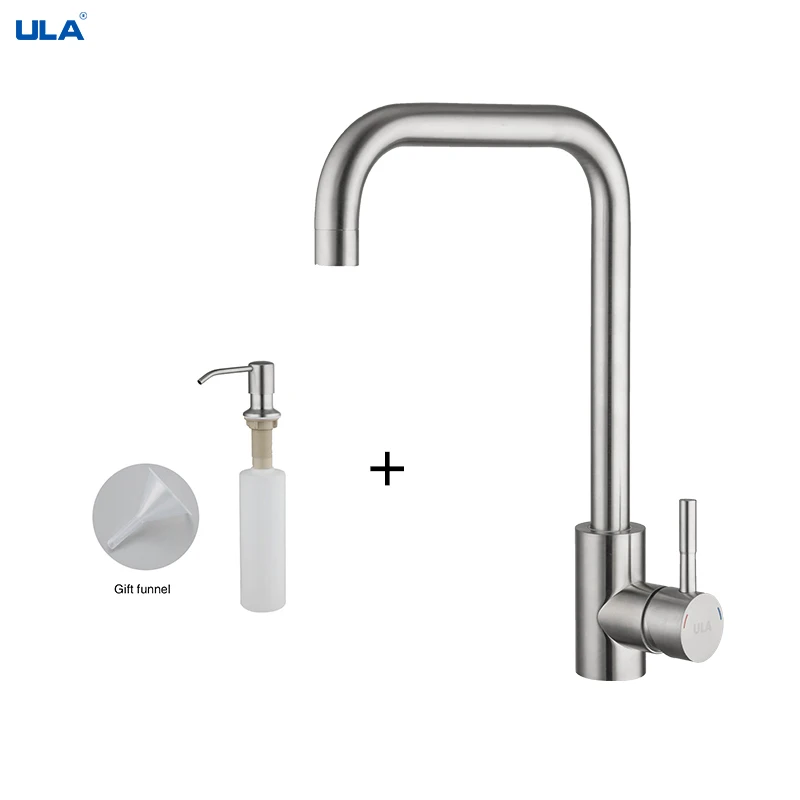 ULA Stainless Steel Kitchen Faucet Set with Pump Soap Dispenser 360 Rotate Kitchen Faucet Cold Hot Water Sink Mixer Tap Torneira