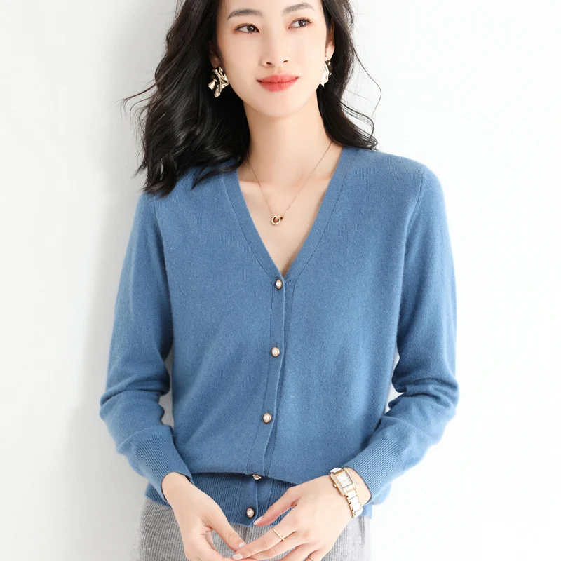 New Style Spring Autumn Cashmere Wool Women Sweater Casual Knit V-Neck Cardigan Warm Soft Wild High Quality Solid Color