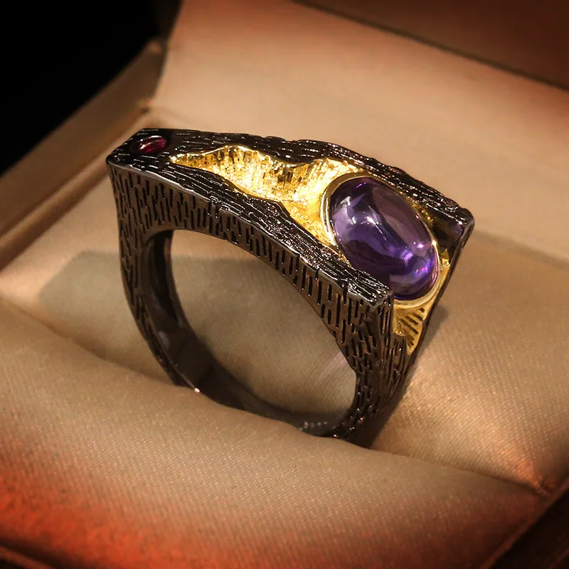 Women's Vintage Chinese Style Lotus Leaf Amethyst Ring