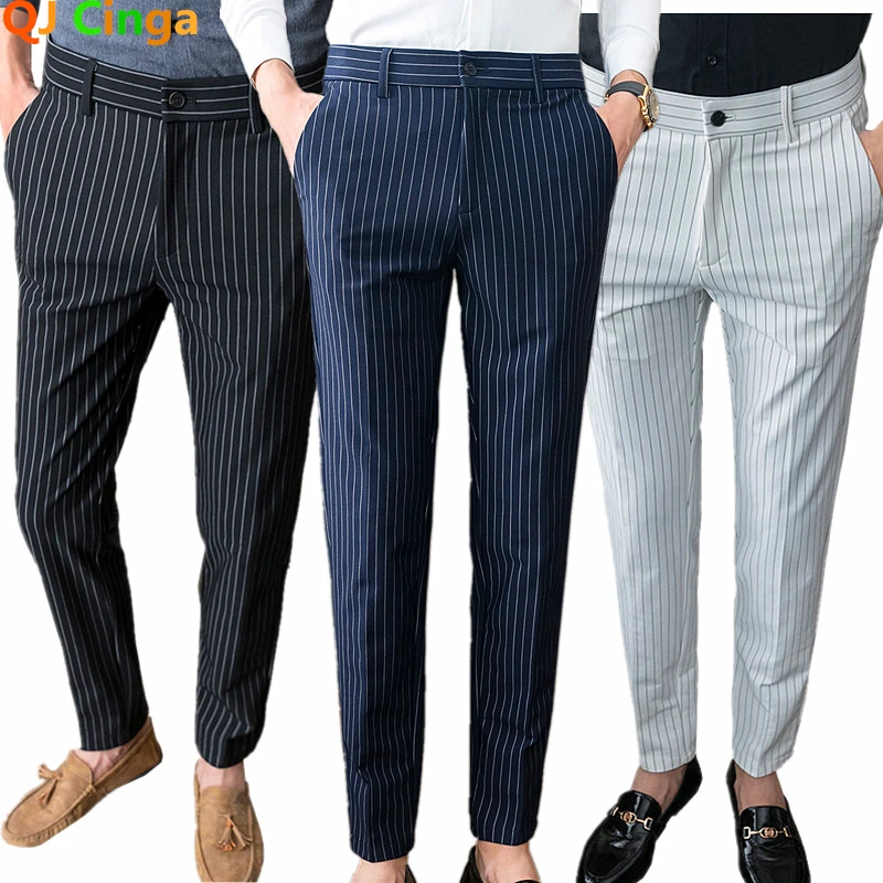 Pantalones de traje de rayas verticales blancas para Hombre, Pantalones ajustados a la moda, Pantalones de negocios para Hombre, Pantalones de