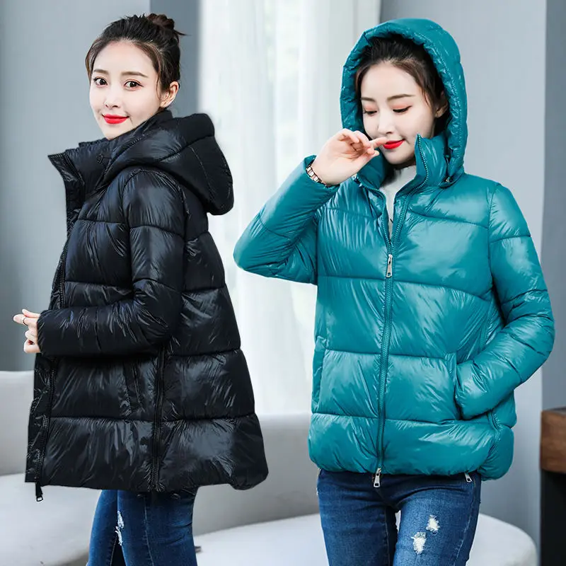 2019 Winter Jacket Women Short Glossy Down Jackets Cotton Padded Parkas Hooded Bright Shiny Warm Thick Parkas Female Coats