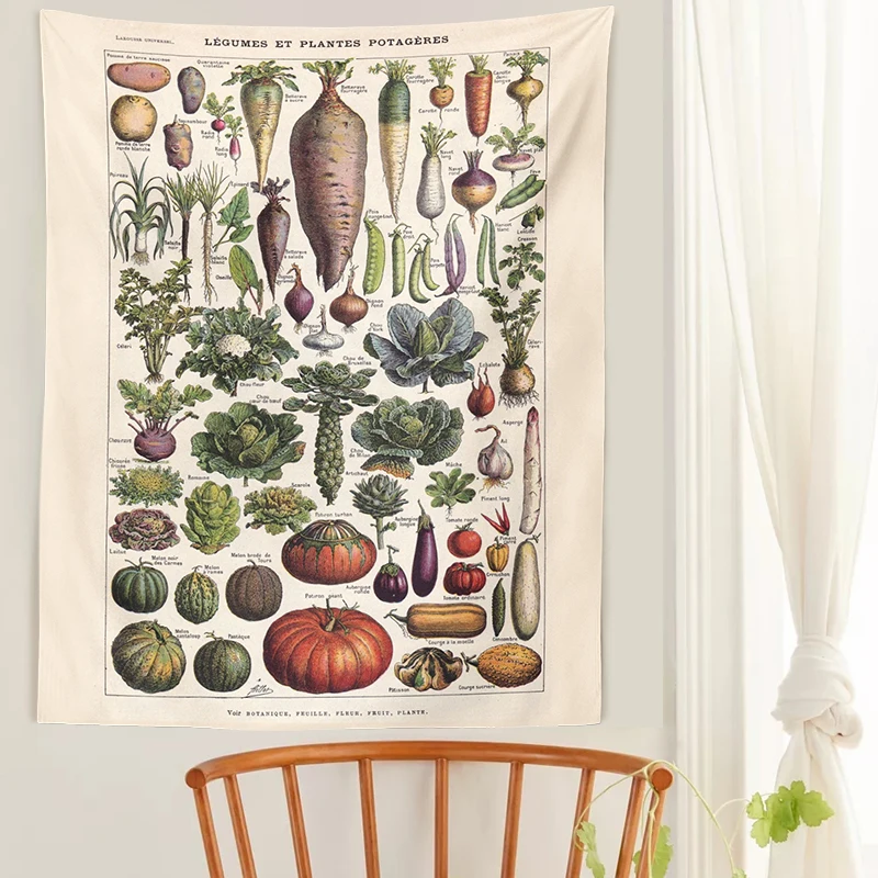 Vegetables and garden plant Tapestry Wall Hanging Botanical Print  Illustration Identification Chart Diagram Wall Art Boho Decor