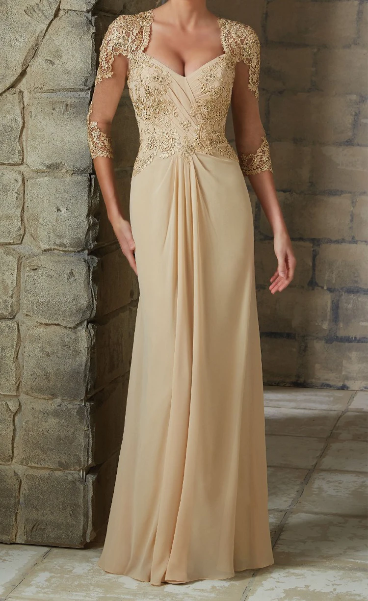 Champagne color chiffon wedding dress, floor length mermaid dress, formal lace party dress, guest dress