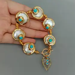 YYGEM Natural White Quartz Arrowhead Charm Freshwater Cultured White Coin Pearl Blue Crystal Bracelet