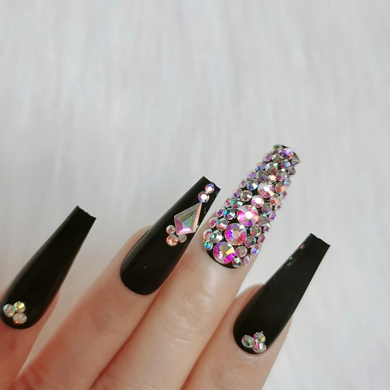 24pcs latest luxury jewelry ballet coffin fake nails crystal diamond black