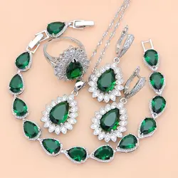 Wddings Silver 925 Jewelry Sets Green Emerald Beads Earrings Rings Necklace Set Women Party Jewellry Dropshipping