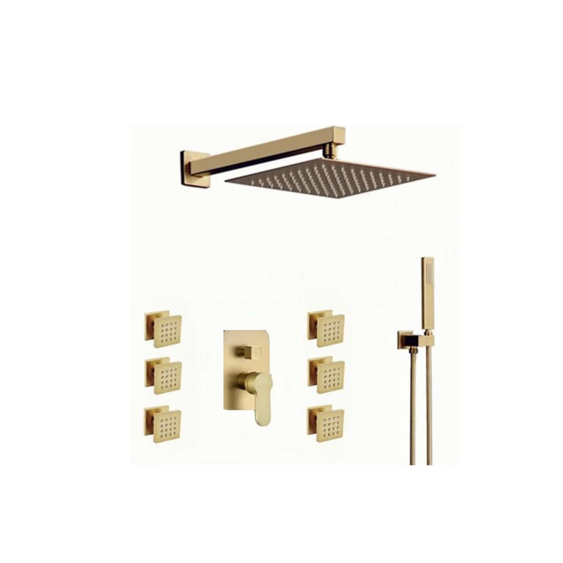 Brass Brushed Gold 1-3 functions Rain Shower Faucet Set Wall Mounted Shower Arm Diverter Mixer Tap Brass Handheld Spray Set