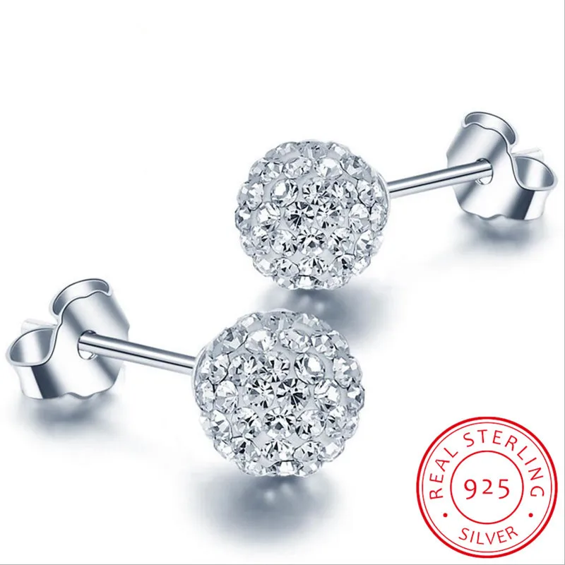Wysokiej jakości 925 Sterling Silver Rhinestones Crystal Ball Stud Earring Bead Jewelry 10mm 8mm 6mm Stud Earring For Female Jewelry