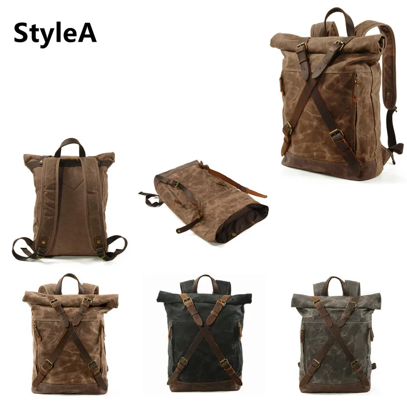 LKEEP New Luxury Vintage Canvas Backpacks for Men Oil Wax Canvas Leather Travel Backpack Large Waterproof Daypacks Retro Bagpack