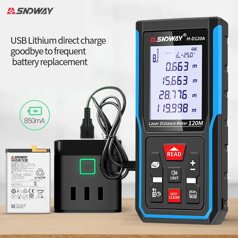 SNDWAY เลเซอร์ระยะทาง50เมตร70M 100M 120M Range Finder อิเล็กทรอนิกส์ระดับไม้บรรทัดเลเซอร์เทปวัด Lazer Metreler