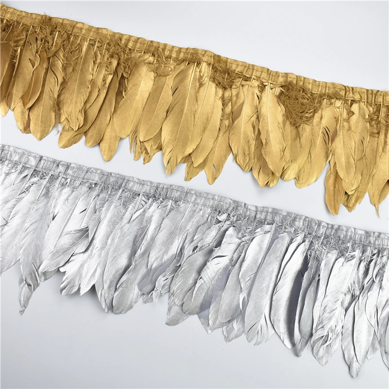 2Meters Gold Silver Goose Feathers on Tape Trims Ribbon Dress Feather Fringe Trim Plumes Clothes Wedding Needlework Decoration